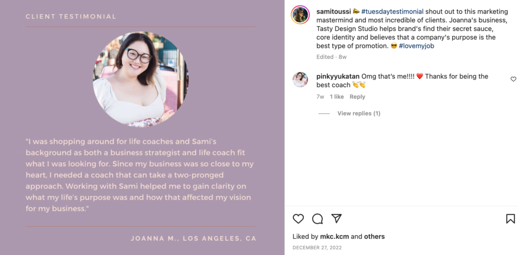 instagram coaching testimonial